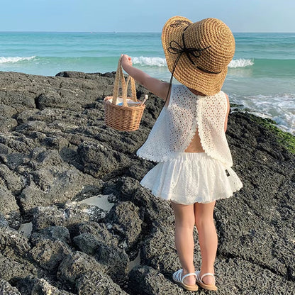 Girls 2024 Summer Clothing Sets Hollow Lace Suit Baby Casual Sleeveless T-Shirt+Shorts Kids Clothing Sets Baby Clothes Outfits